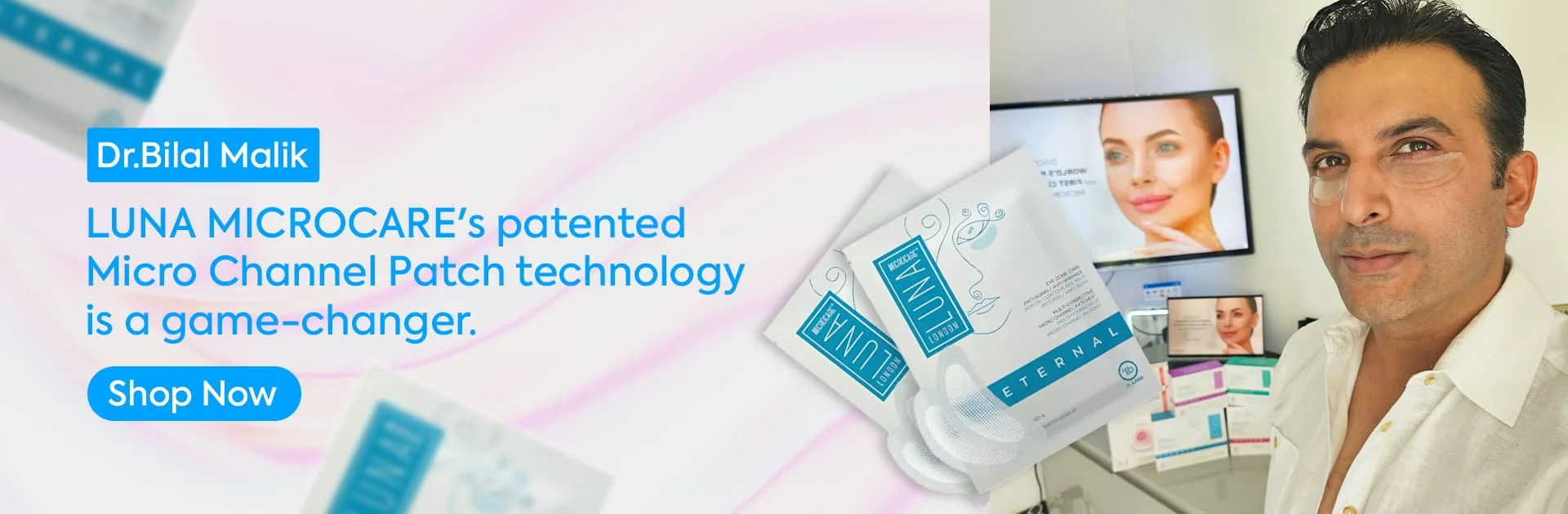 Dr. Bilal Malik showcasing the LUNA MicroCare skincare range at Sculpted by Doctors, featuring patented Micro Channel Patch technology for advanced skin rejuvenation.
